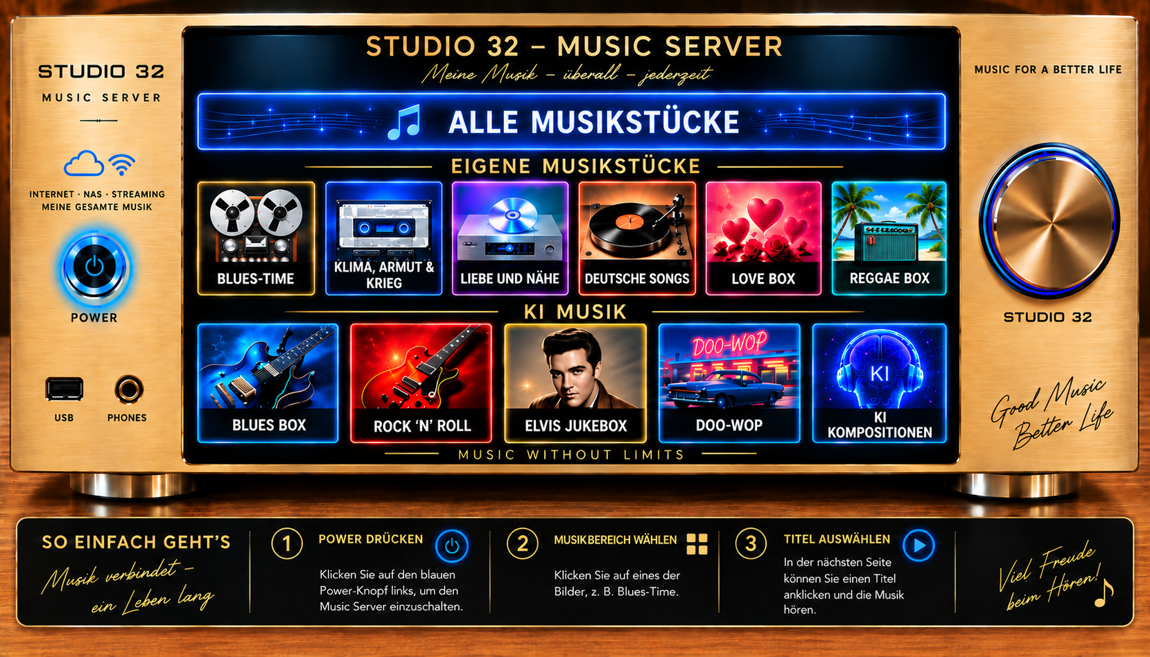 Studio 32 Music Server mit eigenen Musikstücken und KI-Musik
